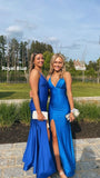 Simple Blue Mermaid Satin Prom Dresses Slit Senior Formal HZ0307
