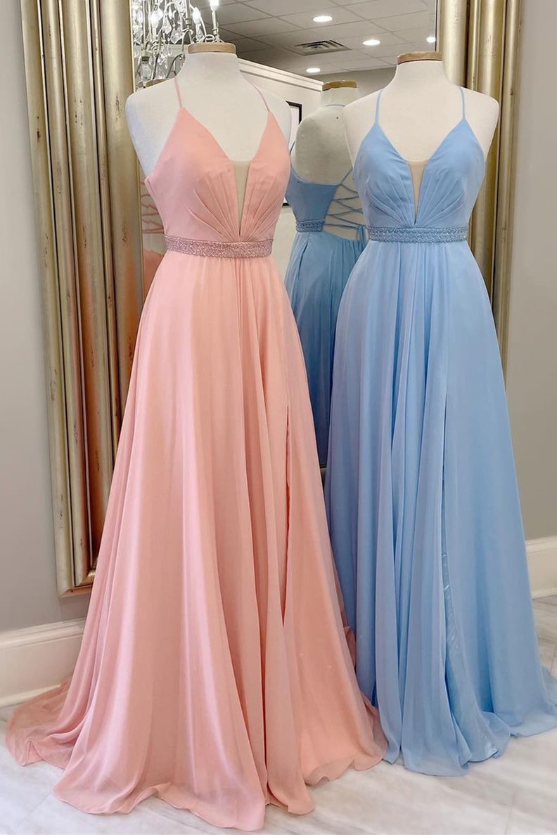 Simple Blush A-line Chiffon Long Prom HZ0307