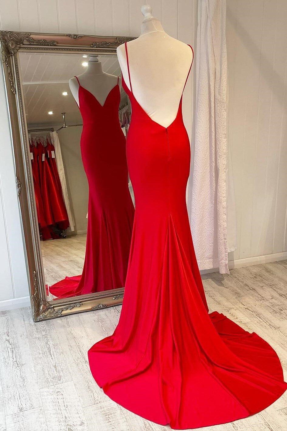 Simple Red Mermaid Open Back Long Party HZ0307