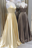 Simple Yellow A-line Long V Neck Prom HZ0307