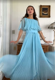 Sky Blue Chiffon Prom Dresses A-line Pleated Senior Party HZ0307