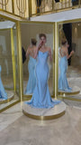 Sky Blue Cross Back Sequins Long Prom HZ0307