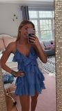 Sky Blue Dots Homecoming Dresses Chiffon Mini Party Gown, HZ0307