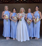 Sky Blue Halter Bridesmaid Dresses Ankle Length Sleeveless Bridesmaid Dresses, HZ0307