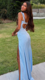 Sky Blue Mermaid Long Prom Dress With Split, HZ0307