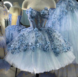 Sky Blue Strapless Floral Homecoming Dresses, HZ0307