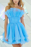 Sky Blue Strapless Sleeveless Ruched Tulle A-Line Mini Homecoming Dress, HZ0307