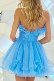 Sky Blue Strapless Sleeveless Ruched Tulle A-Line Mini Homecoming Dress, HZ0307