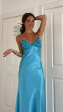 Sky Blue V-neck Party Dresses, Sheath Floor Length Prom HZ0307