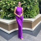 Sleeveless Purple Silk Satin Long Evening Prom Dresses, HZ0307