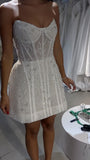 Sleeveless White Lace Short Prom Dress, Bridal Wedding Dress, HZ0307