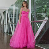 Hot Pink Spaghetti Strap A-Line Tulle Prom Dress, Long Evening Formal HZ0307
