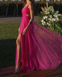Spaghetti Straps Tulle Fuchsia Prom Dress, Long Pageant HZ0307