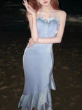 Soft Blue Halter Homecoming Dresses Bodycon Prom Dresses With Ruffle Skirt, HZ0307