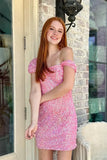 Soft Pink Sequin Homecoming Dresses Tight Off The Shoulder Cocktail Dress, HZ0307