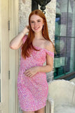 Soft Pink Sequin Homecoming Dresses Tight Off The Shoulder Cocktail Dress, HZ0307