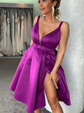 Purple A-Line Satin Homecoming Dresses, V-Neck Mini Graduation Dress With HZ0307