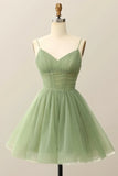 Spaghetti Straps A-line Tulle Homecoming Dress V Neck Short Above Knee Tulle Hoco HZ0307