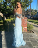 Spaghetti Straps Baby Blue Chiffon Sheath Long Prom HZ0307