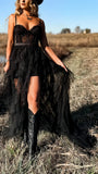 Spaghetti Straps Black Lace Party Dress Tulle Slit Evening Prom HZ0307