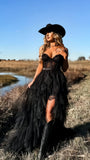 Spaghetti Straps Black Lace Party Dress Tulle Slit Evening Prom HZ0307