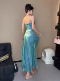 Spaghetti Straps Blue Sheath Long Prom Dresses Homecoming HZ0307