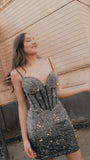 Spaghetti Straps Bodycon Homecoming Dresses, Glitter Sequin Mini Party HZ0307