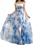 Spaghetti Straps Floral Prom Dress, Chiffon Slit Evening Dress, HZ0307