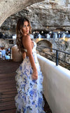 Spaghetti Straps Floral Ruffle V-neck Long Prom HZ0307