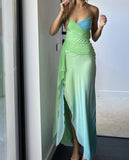 Spaghetti Straps Green Blue Chiffon Prom Dresses Long Homecoming HZ0307