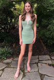 Spaghetti Straps Homecoming Dresses Ming Green Pleated Mini Hoco Dresses, HZ0307