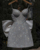 Spaghetti Straps Homecoming Dresses Shiny Mini Party Gown With Bowknot, HZ0307