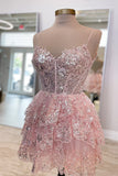 Spaghetti Straps Lace Ruffle Homecoming Dress, HZ0307