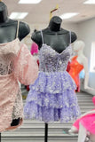 Spaghetti Straps Lace Ruffle Homecoming Dress, HZ0307