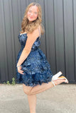 Spaghetti Straps Lace Sequined Homecoming Dresses Ruffles Party Gown, HZ0307