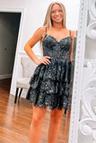 Spaghetti Straps Lace Sequined Homecoming Dresses Ruffles Party Gown, HZ0307