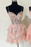 Spaghetti Straps Lace Sequined Homecoming Dresses Ruffles Party Gown, HZ0307