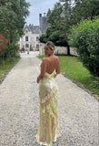 Spaghetti Straps Layers Yellow Floral Long Prom HZ0307