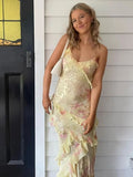 Spaghetti Straps Layers Yellow Floral Long Prom HZ0307