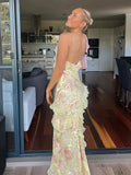 Spaghetti Straps Layers Yellow Floral Long Prom HZ0307