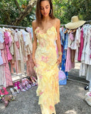 Spaghetti Straps Layers Yellow Floral Long Prom HZ0307