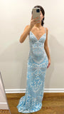 Spaghetti Straps Light Blue Prom Dress, Lace Sheath Evening Party Dress, HZ0307