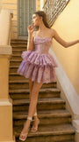 Spaghetti Straps Lilac Homecoming Dress, Mini Lace Ruffle Dress, HZ0307