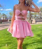 Spaghetti Straps Pink A-line Beaded Homecoming Dresses With Bows, HZ0307