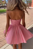 Spaghetti Straps Pink A-line Beaded Homecoming Dresses With Bows, HZ0307