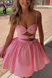 Spaghetti Straps Pink A-line Beaded Homecoming Dresses With Bows, HZ0307