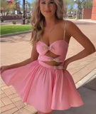 Spaghetti Straps Pink A-line Beaded Homecoming Dresses With Bows, HZ0307