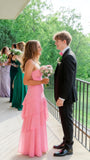 Spaghetti Straps Pink Chiffon Senior Prom Dresses Ruffle Criss Cross Evening Party HZ0307