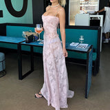 Spaghetti Straps Pink Lace Prom Dresses Long Birthday HZ0307