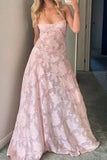 Spaghetti Straps Pink Lace Prom Dresses Long Birthday HZ0307